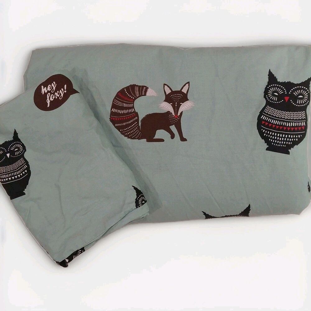 H&M Teal Owl And Fox Twin Duvet Cover and pillow case Hey Foxy EUC